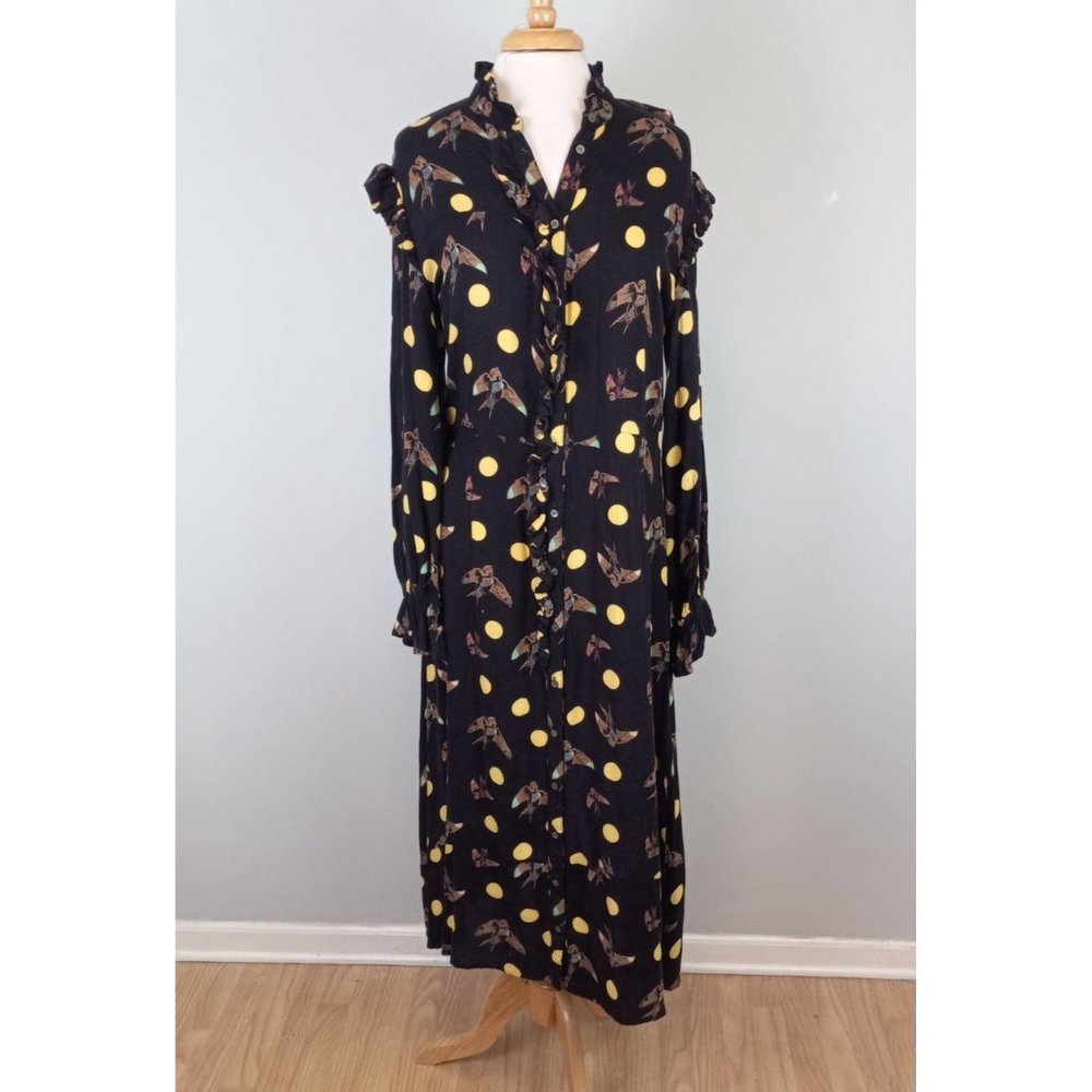 Sofrito Sparrow Print Ruffled Long Sleeved Maxi Dress Black Size Large